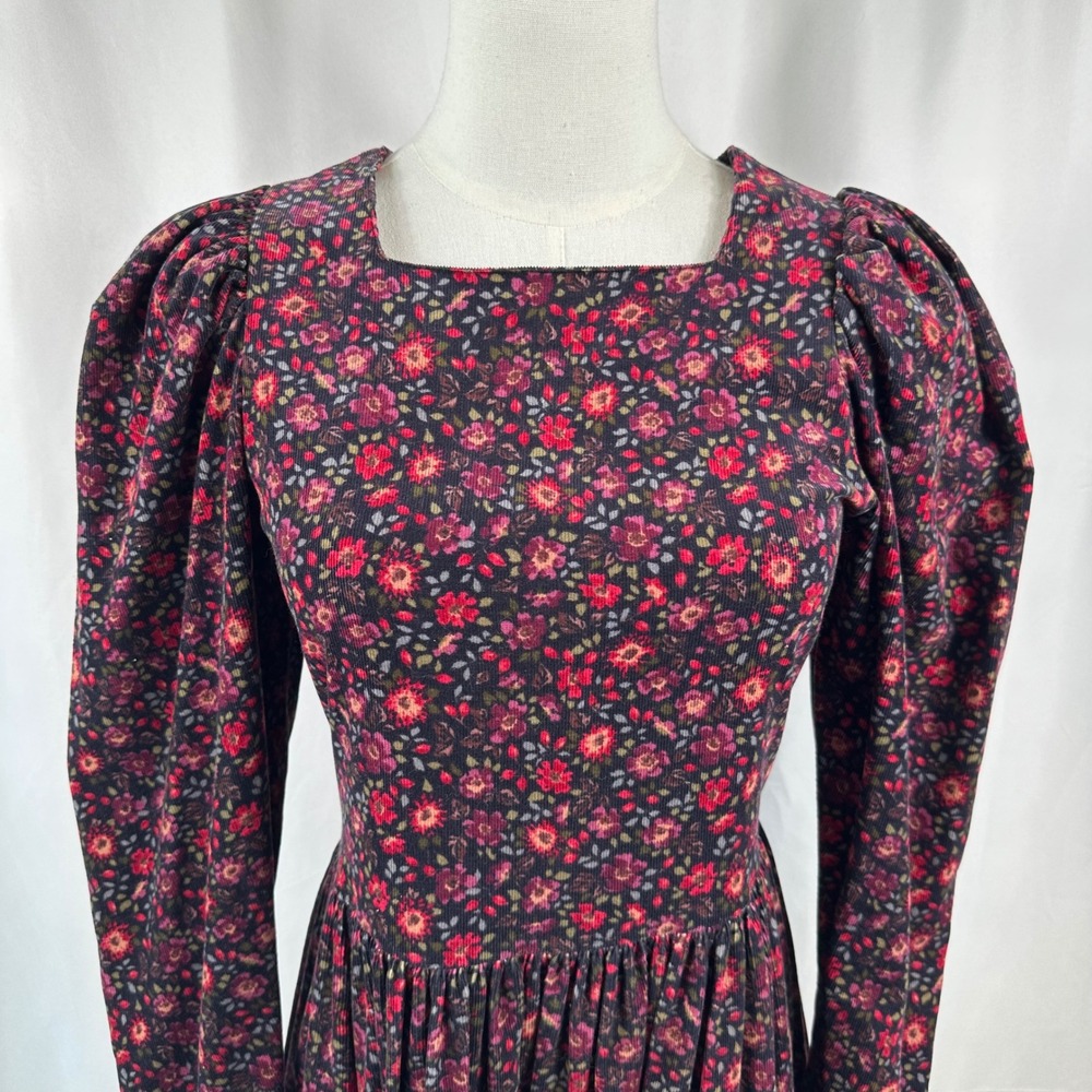 Vintage Laura Ashley Dress Women 6 Black Red Floral Corduroy Puff Sleeve Prairie - Picture 2 of 8